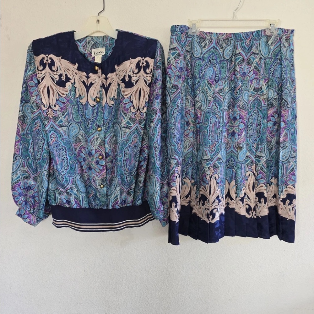 VTG Evanna 2Piece Skirt Suit 14 Paisely Blue Pink Long Sleeve  Button Up Career - Picture 3 of 16